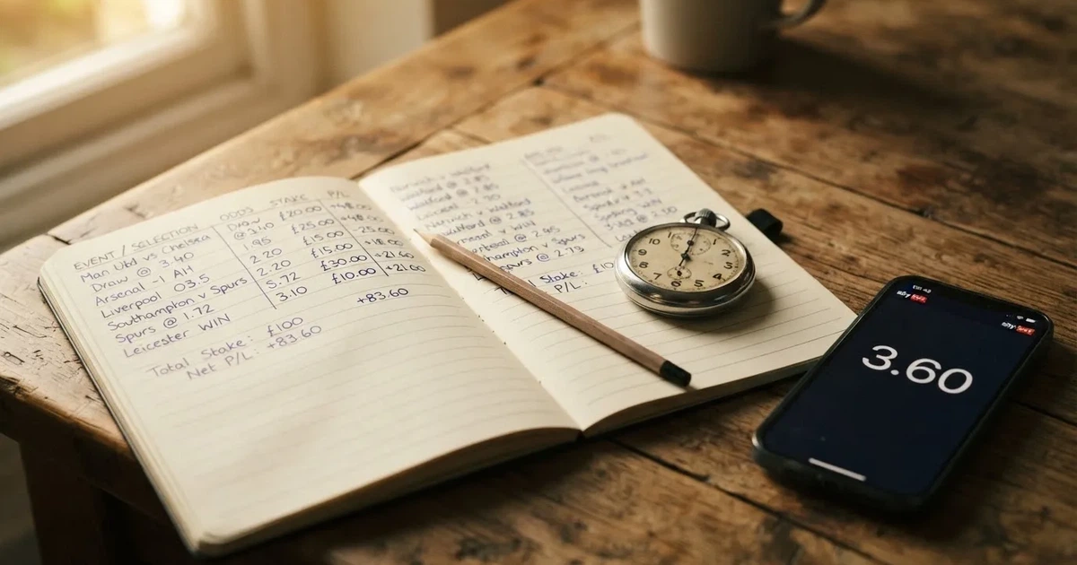 An open notebook with a pencil and a stopwatch on a wooden table