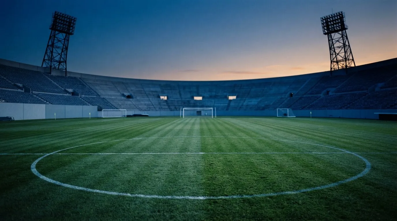 An empty football stadium with floodlight masts at dusk