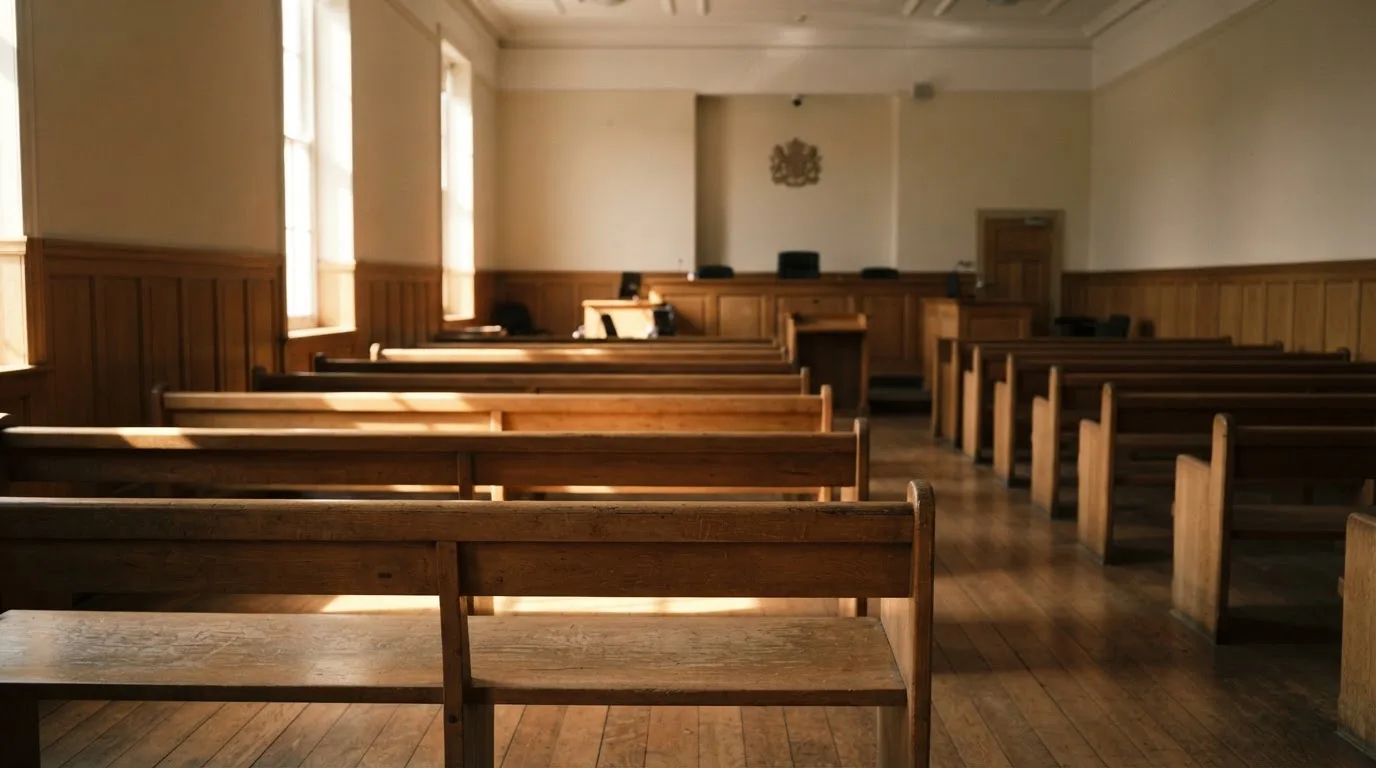 An empty courtroom with wooden benches in morning light