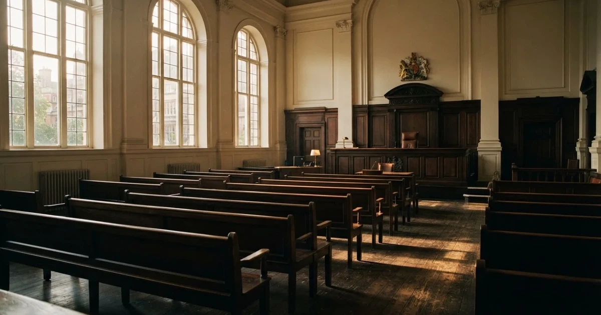 An empty courtroom with wooden benches in morning light