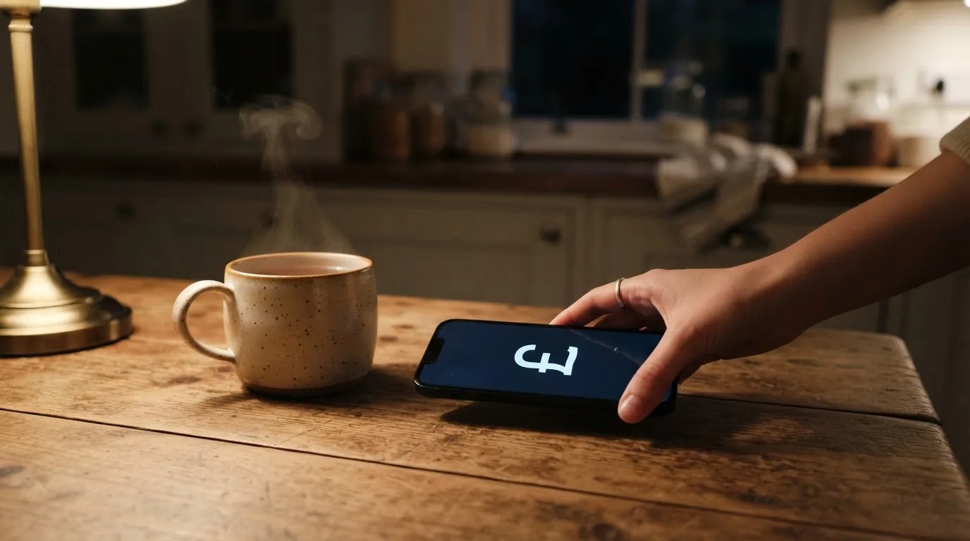 A hand setting a smartphone down beside a cup of tea on a kitchen table on a quiet evening