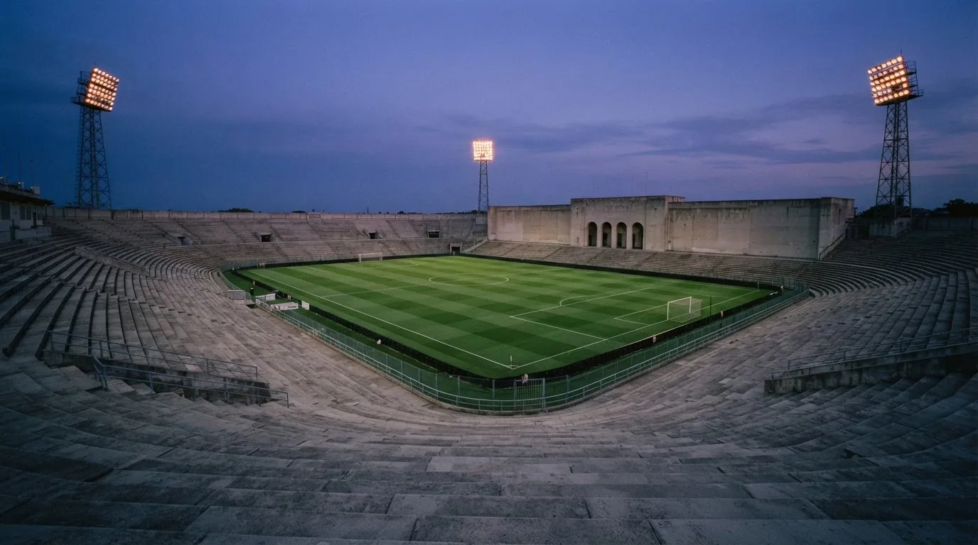 An empty football stadium with floodlight masts at dusk