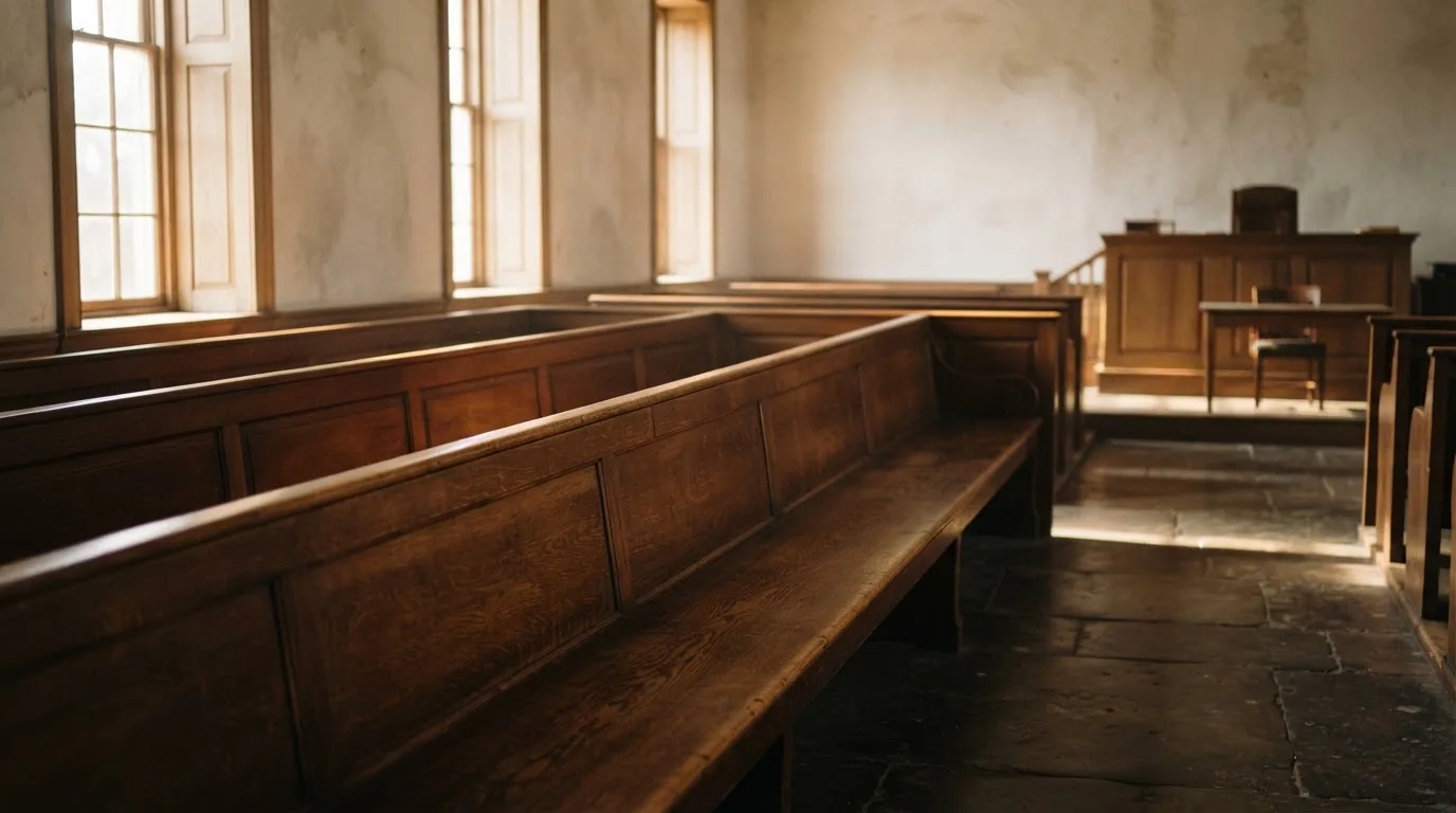 An empty courtroom with wooden benches in morning light