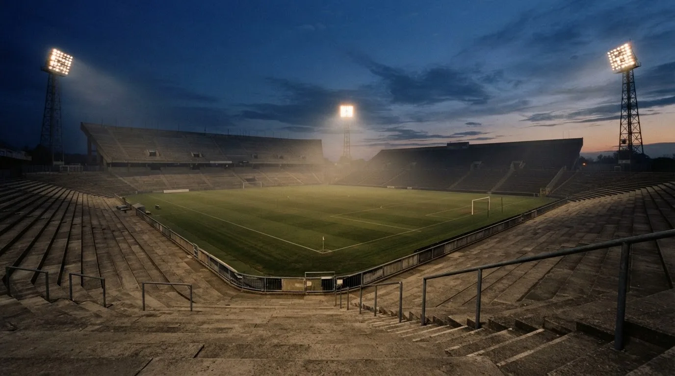 An empty football stadium with floodlight masts at dusk