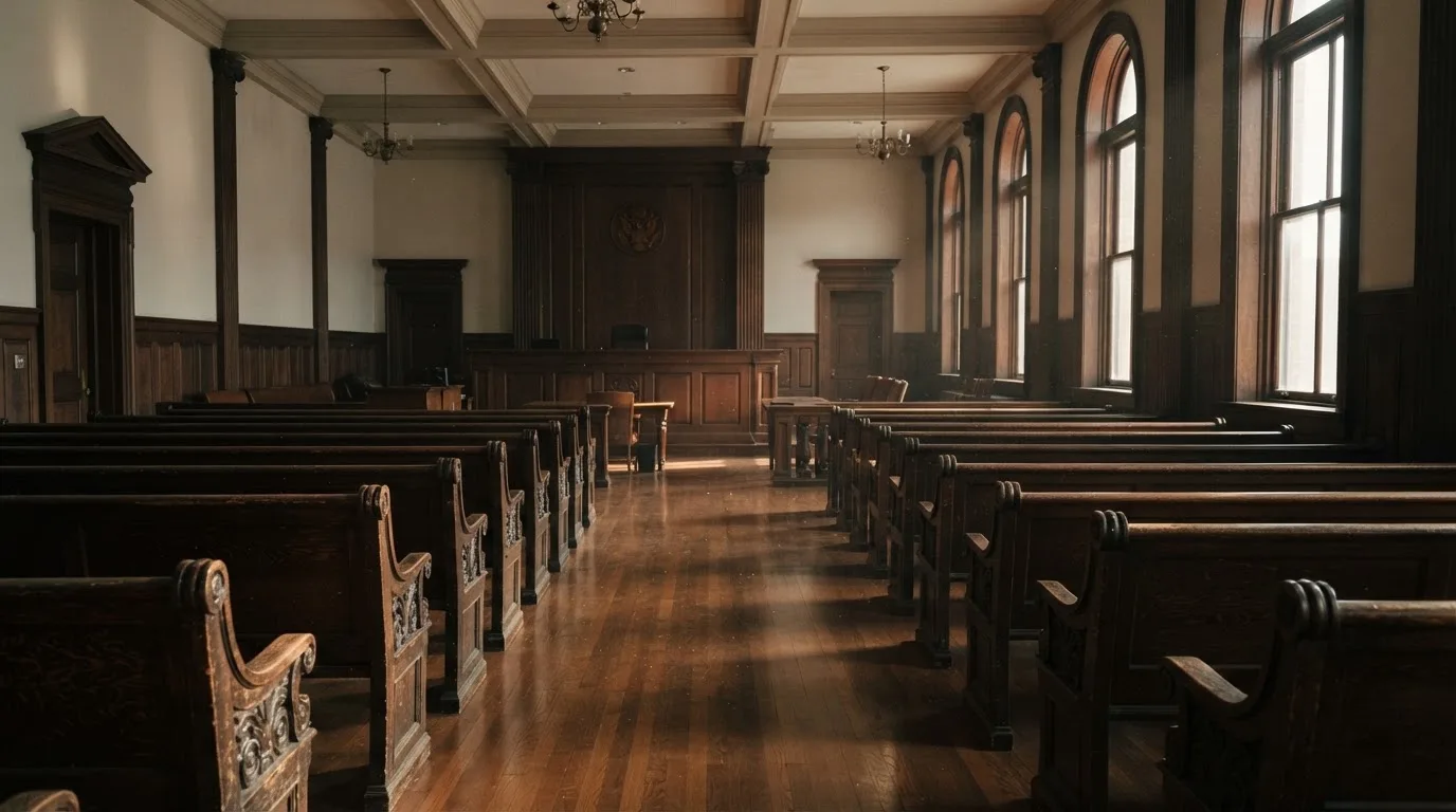 An empty courtroom with wooden benches in morning light