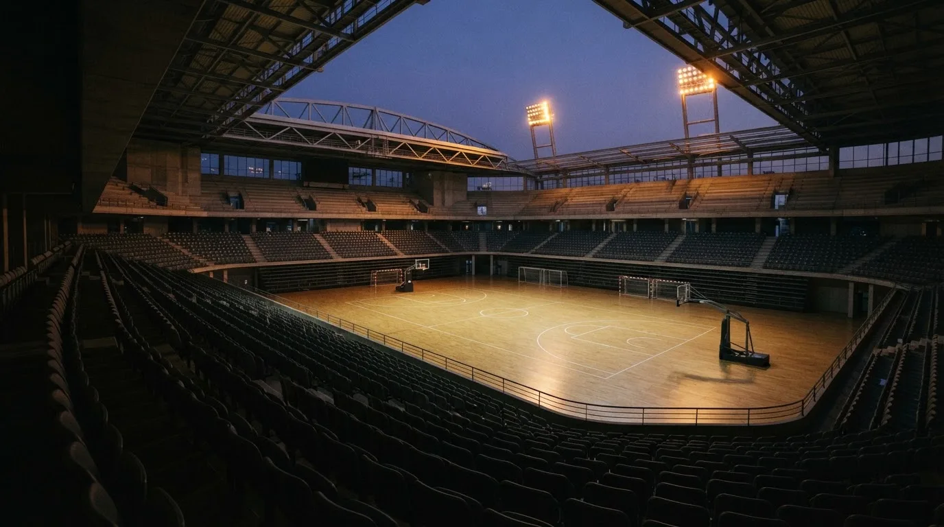 An empty football stadium with floodlight masts at dusk