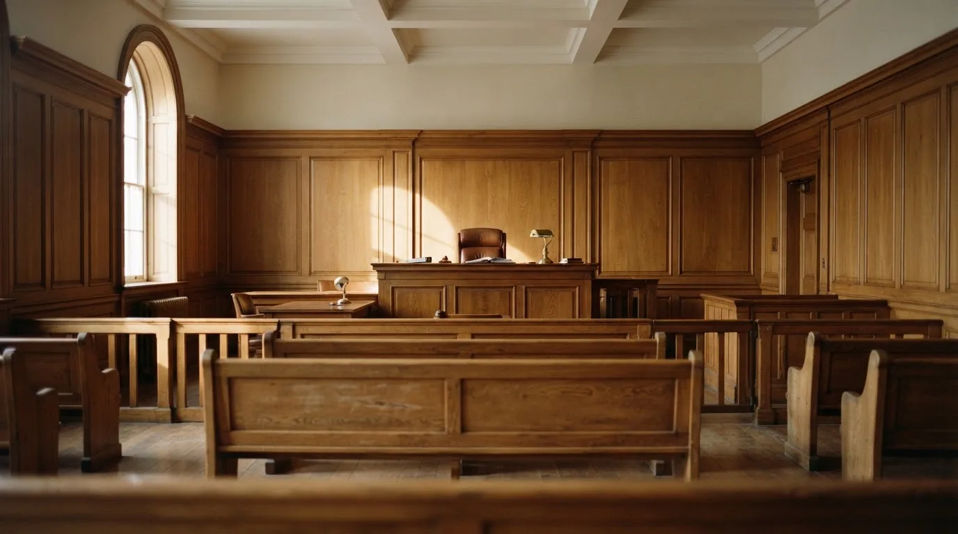 An empty courtroom with wooden benches in morning light
