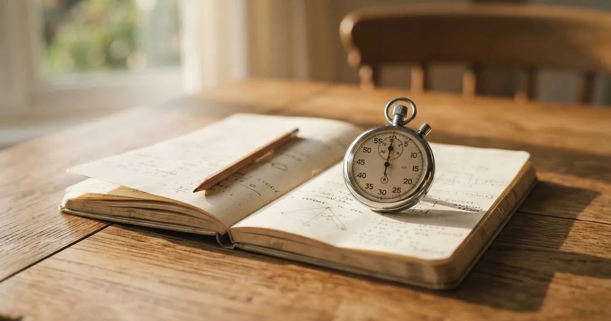 An open notebook with a pencil and a stopwatch on a wooden table