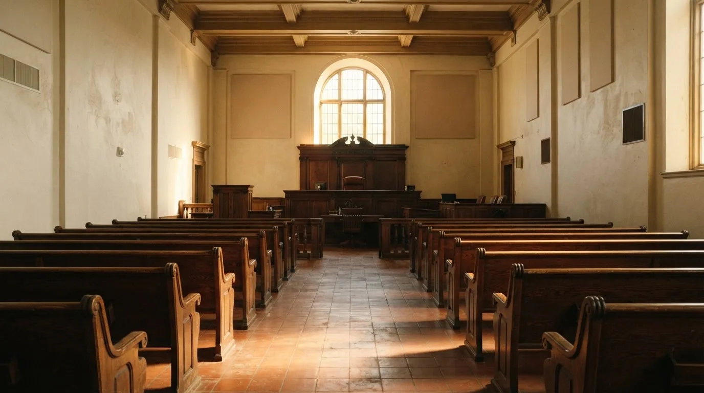 An empty courtroom with wooden benches in morning light