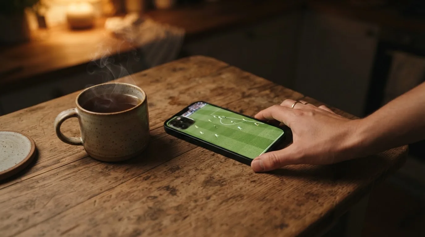 A hand setting a smartphone down beside a cup of tea on a kitchen table on a quiet evening