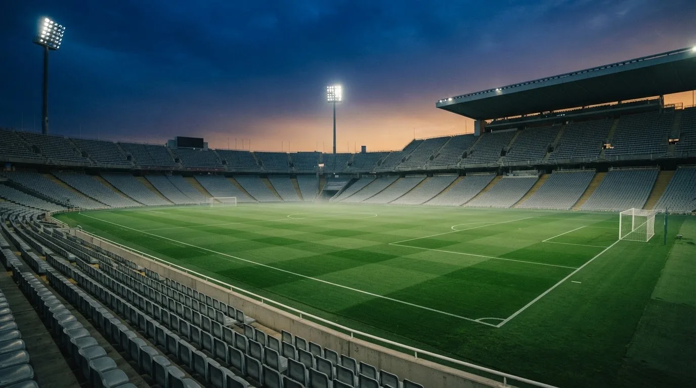 An empty football stadium with floodlight masts at dusk