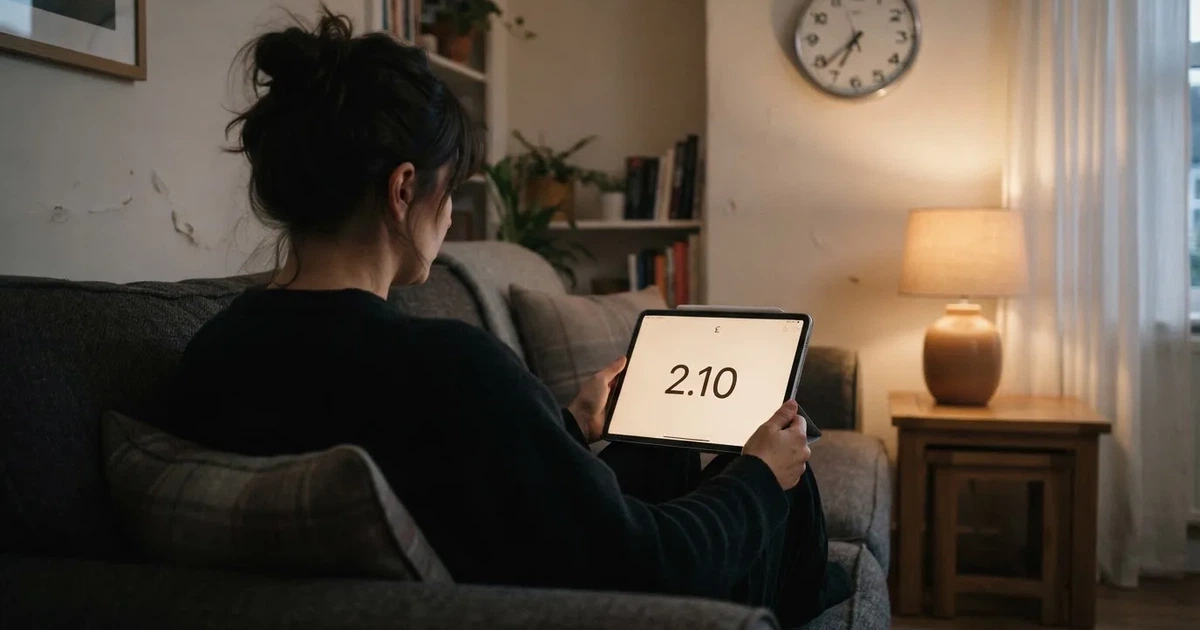 A person on a sofa looking thoughtfully at a tablet, a wall clock in the background