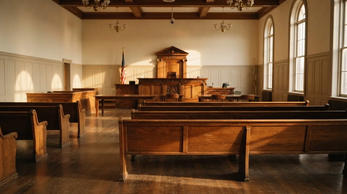 An empty courtroom with wooden benches in morning light