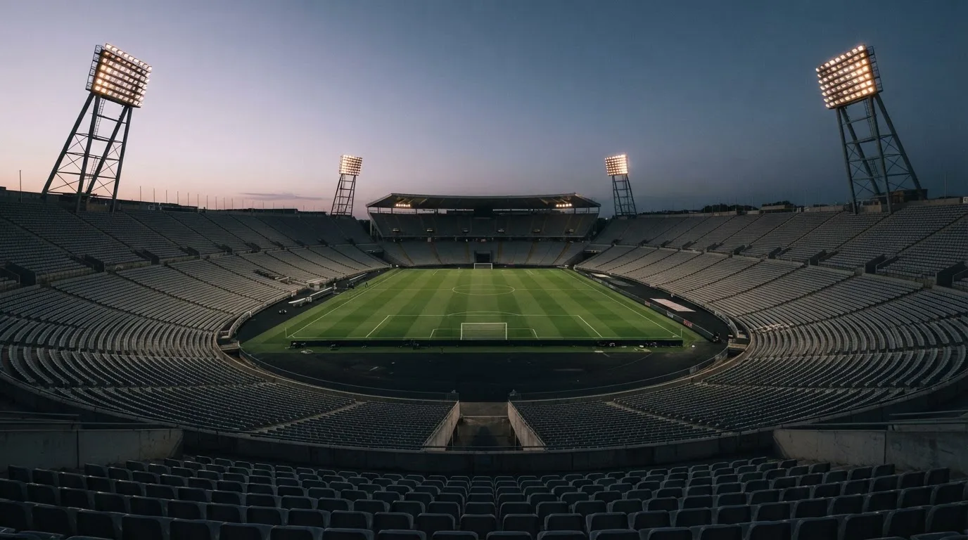An empty football stadium with floodlight masts at dusk