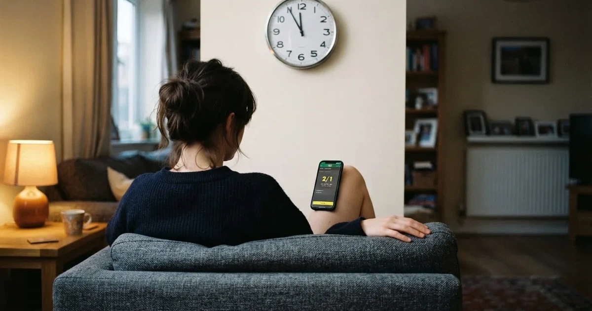 A person on a sofa looking thoughtfully at a tablet, a wall clock in the background