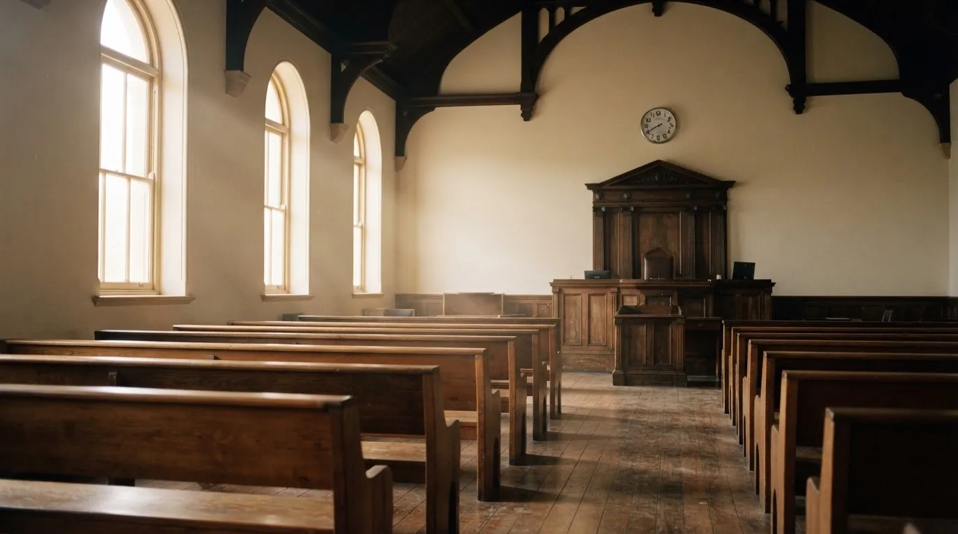 An empty courtroom with wooden benches in morning light