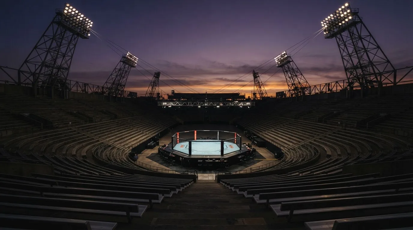 An empty football stadium with floodlight masts at dusk