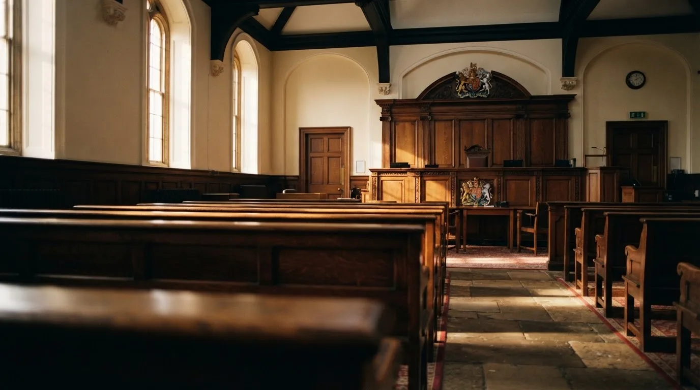 An empty courtroom with wooden benches in morning light