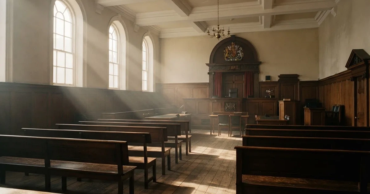 An empty courtroom with wooden benches in morning light