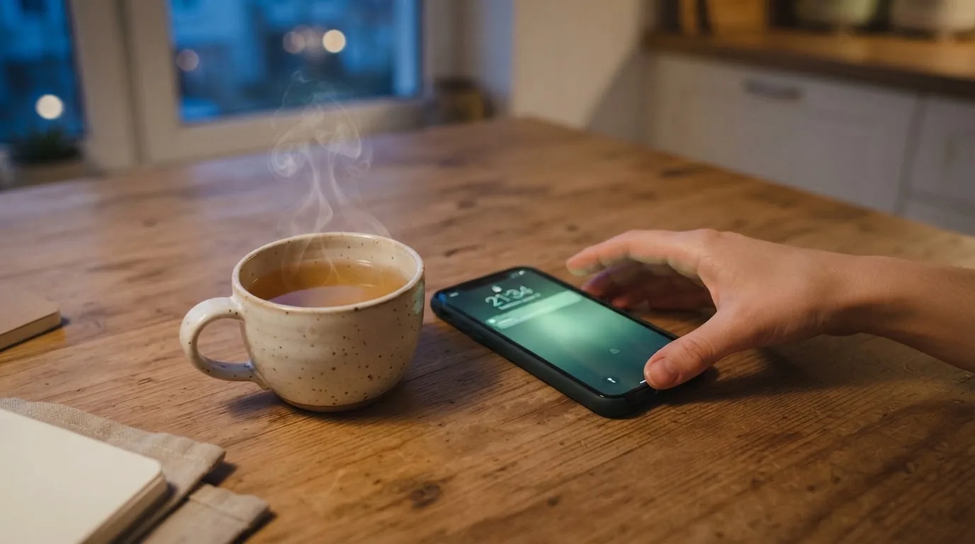 A hand setting a smartphone down beside a cup of tea on a kitchen table on a quiet evening