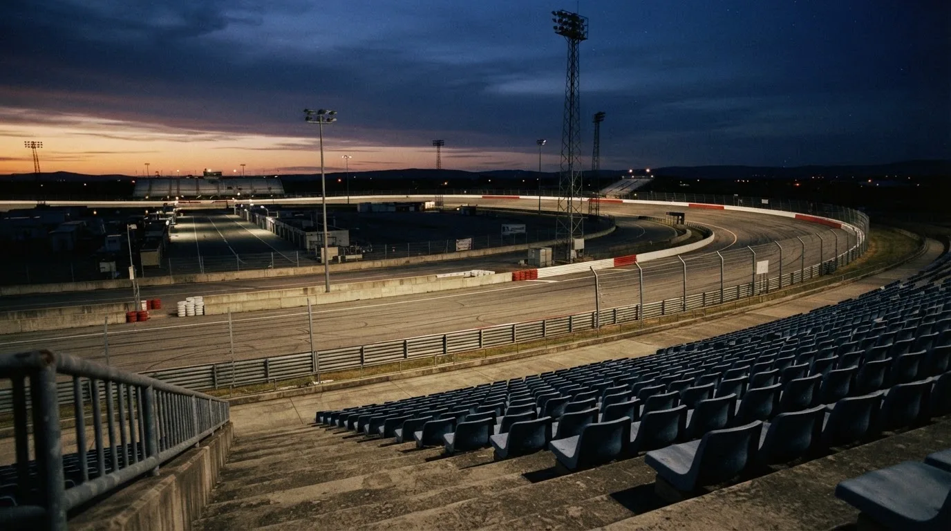 An empty football stadium with floodlight masts at dusk