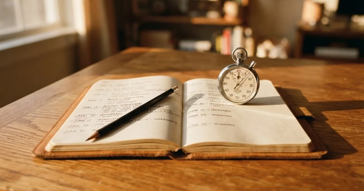 An open notebook with a pencil and a stopwatch on a wooden table