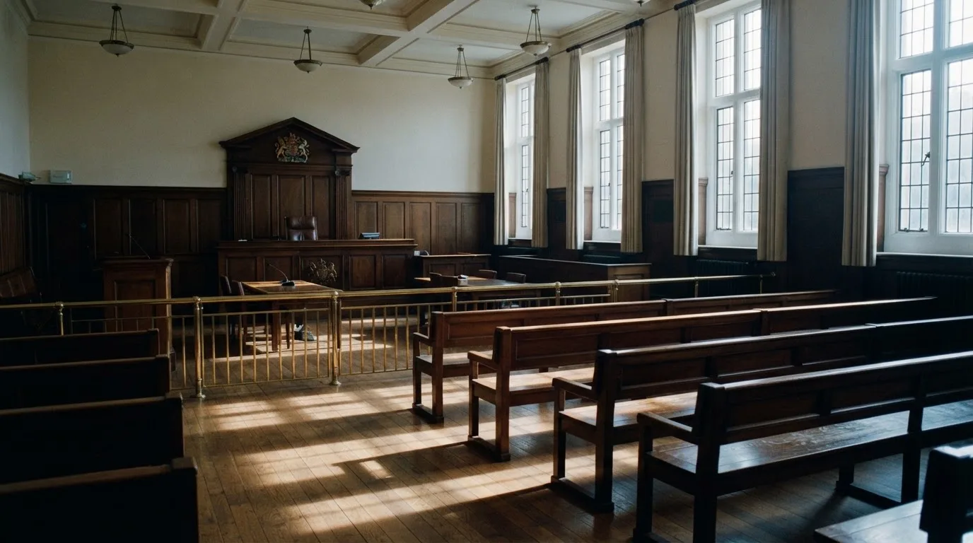 An empty courtroom with wooden benches in morning light