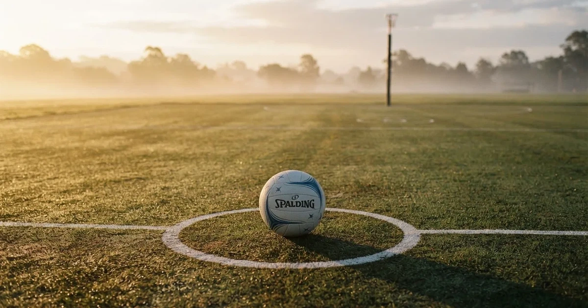 A ball on the centre spot of a grass pitch in morning light