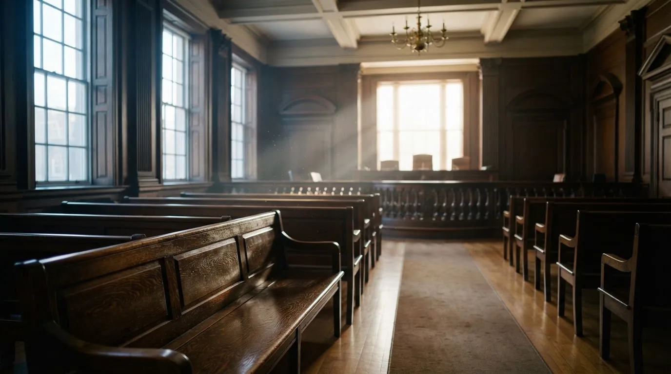 An empty courtroom with wooden benches in morning light