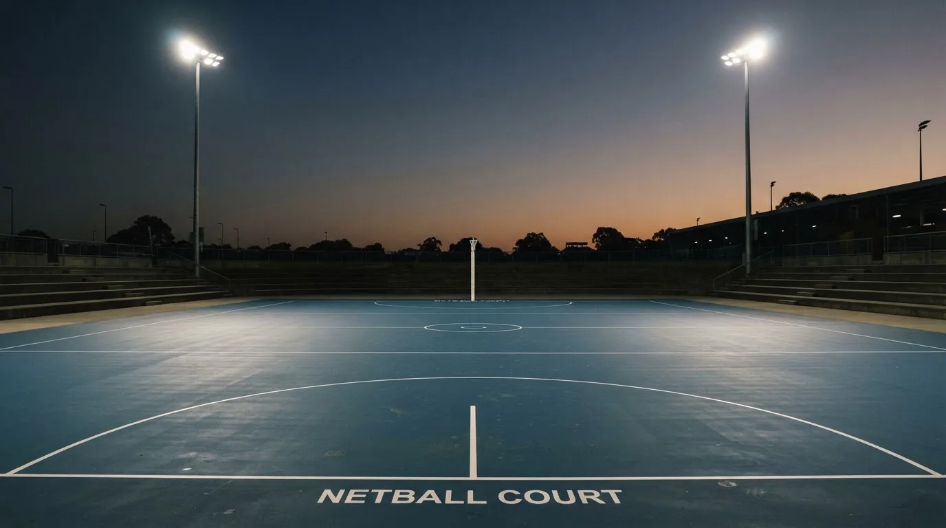 An empty football stadium with floodlight masts at dusk