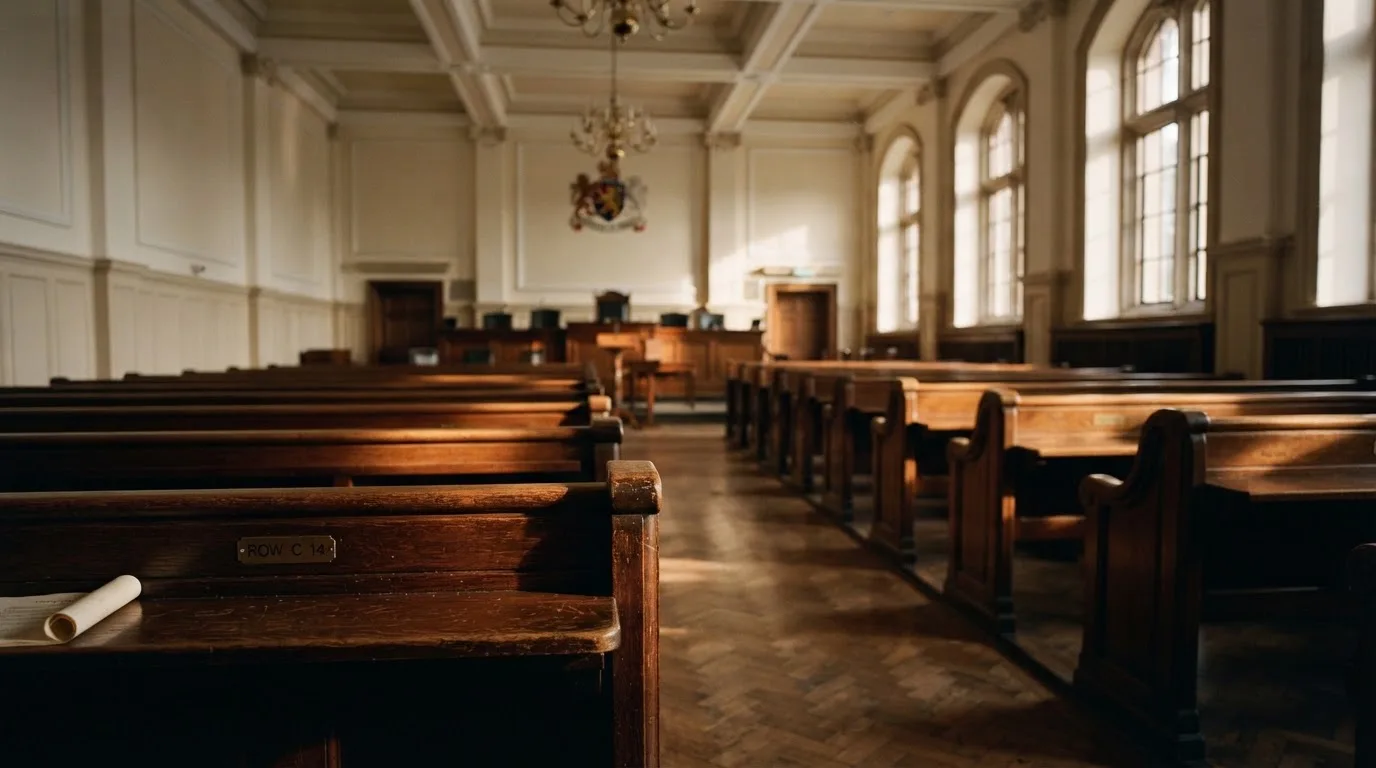 An empty courtroom with wooden benches in morning light