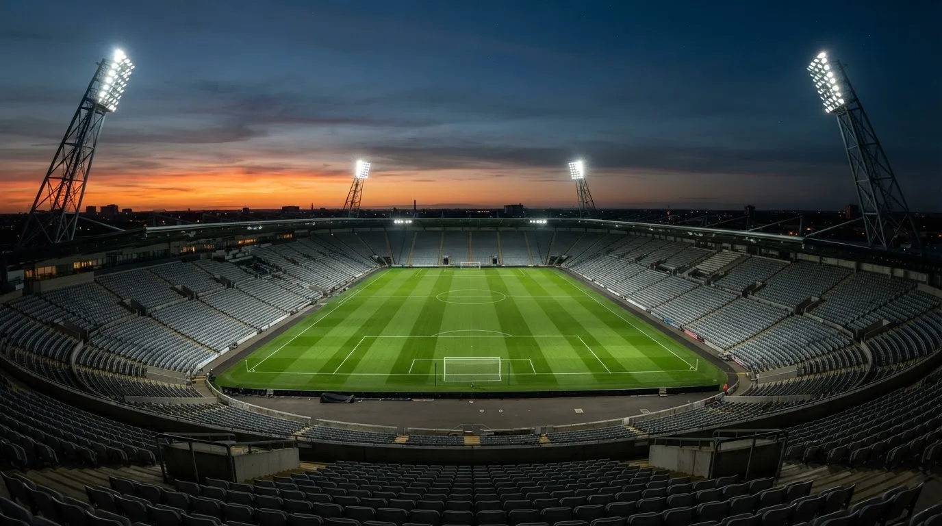 An empty football stadium with floodlight masts at dusk