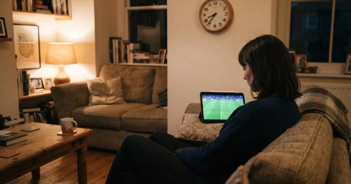 A person on a sofa looking thoughtfully at a tablet, a wall clock in the background