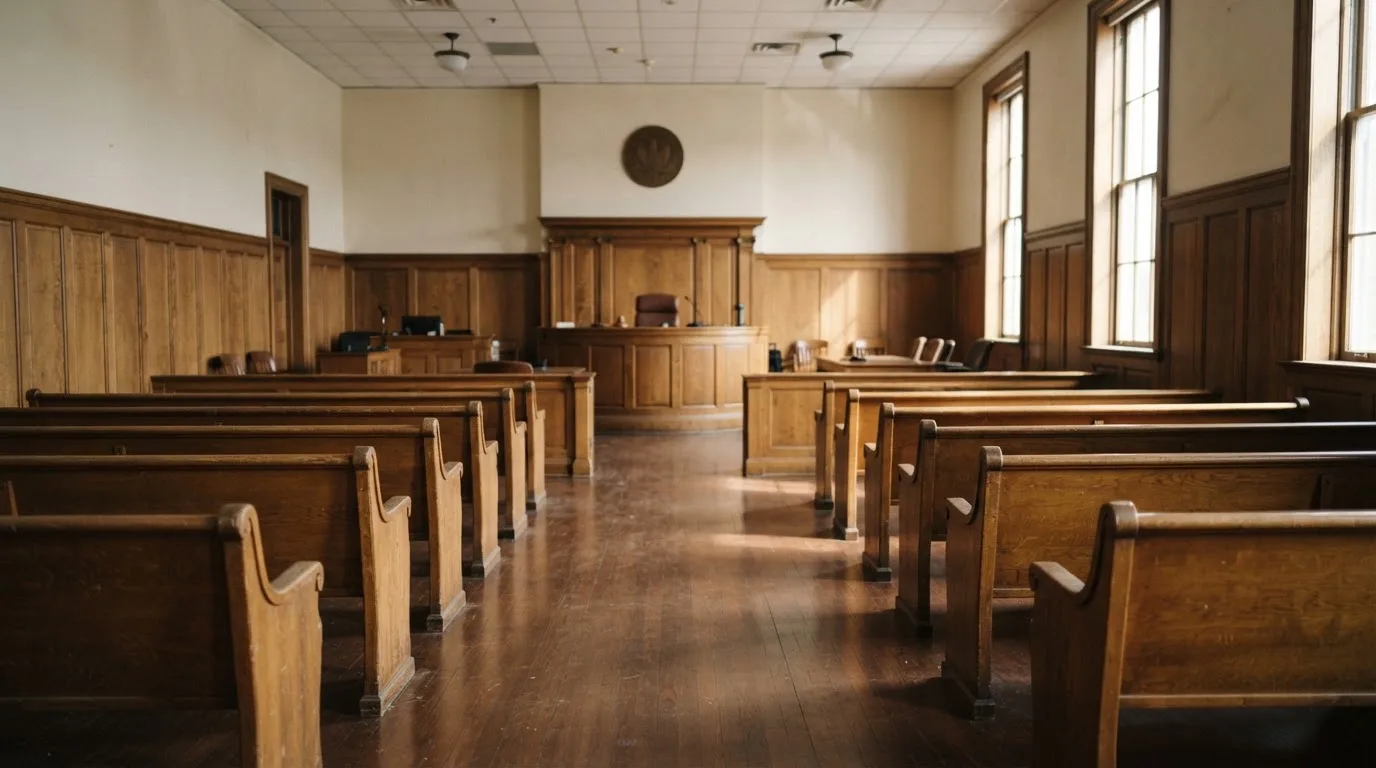 An empty courtroom with wooden benches in morning light
