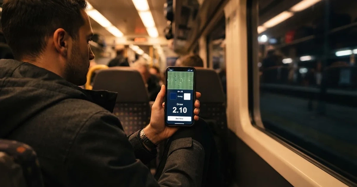 A hand holding a smartphone on a train in the evening, screen turned away