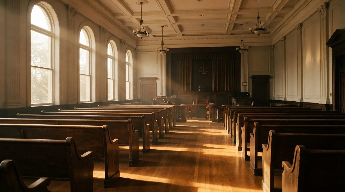 An empty courtroom with wooden benches in morning light