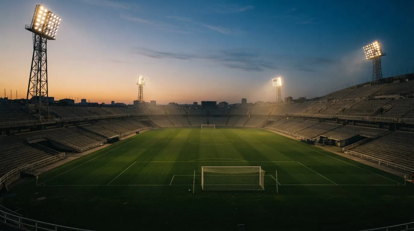 An empty football stadium with floodlight masts at dusk