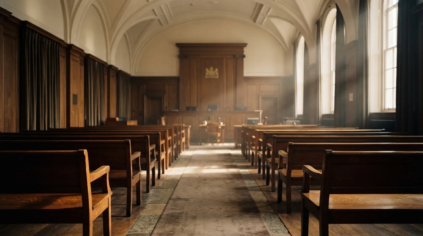 An empty courtroom with wooden benches in morning light