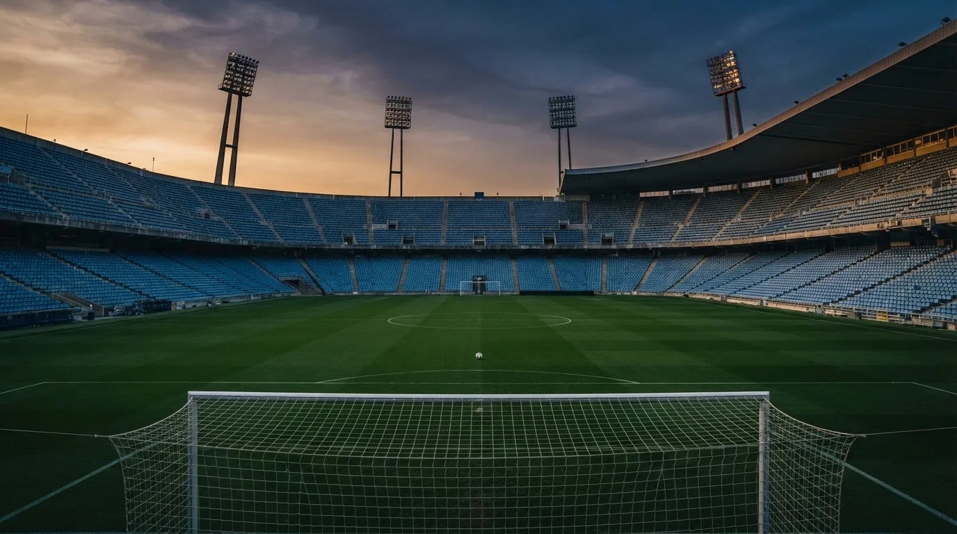 An empty football stadium with floodlight masts at dusk