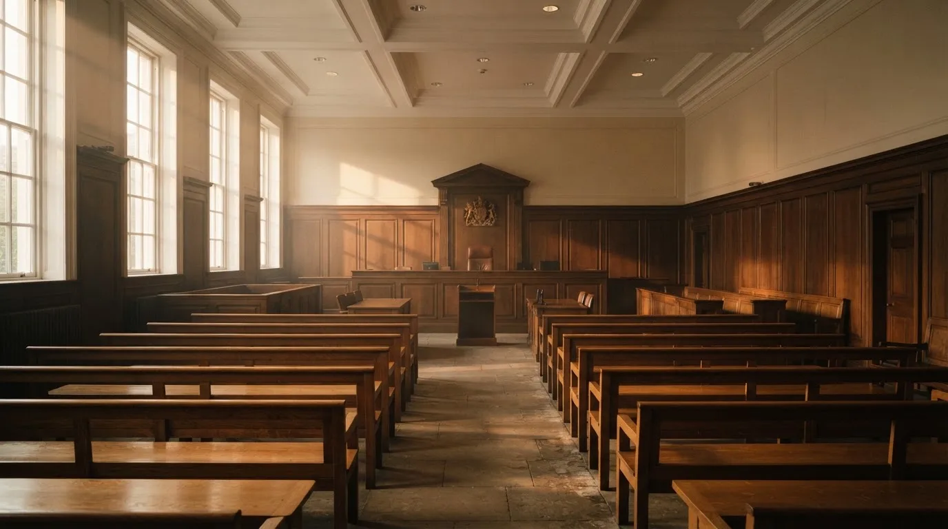 An empty courtroom with wooden benches in morning light