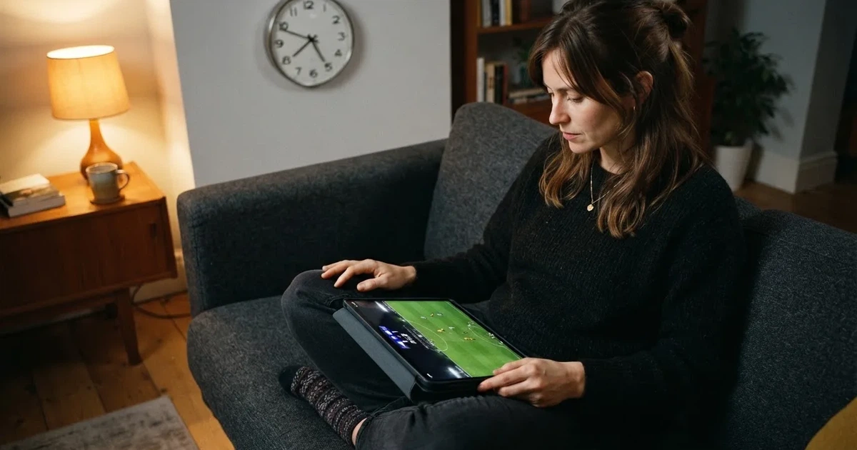 A person on a sofa looking thoughtfully at a tablet, a wall clock in the background