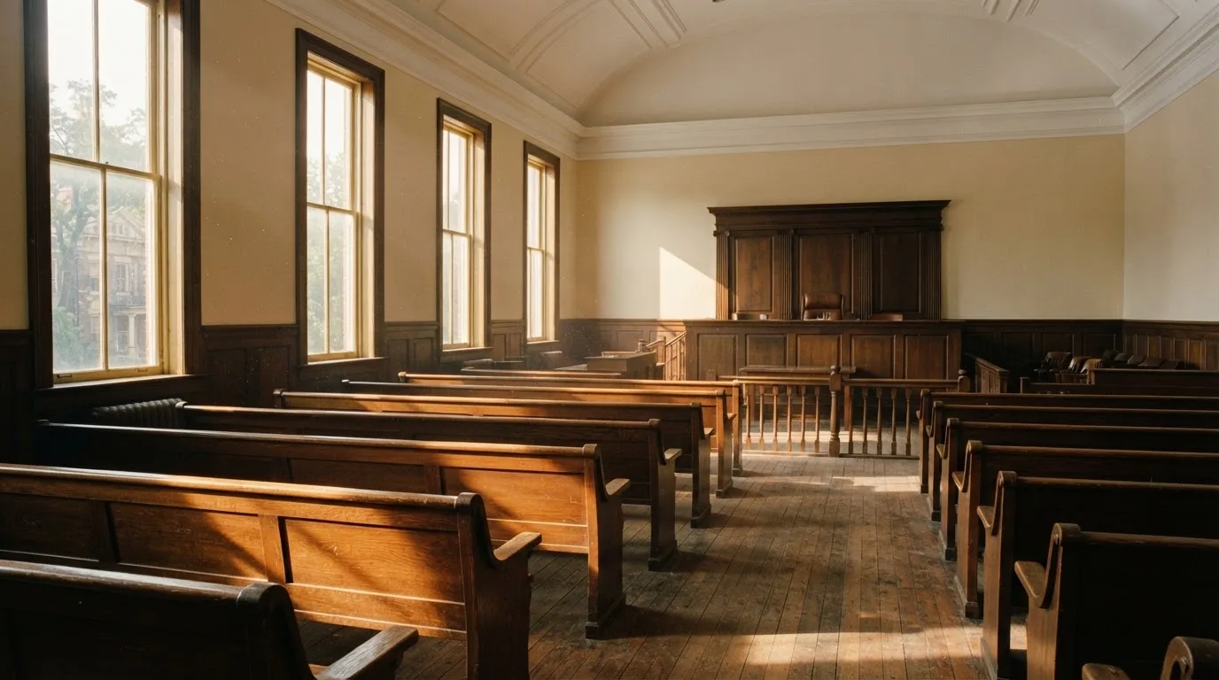 An empty courtroom with wooden benches in morning light