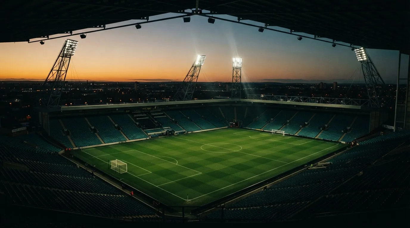 An empty football stadium with floodlight masts at dusk