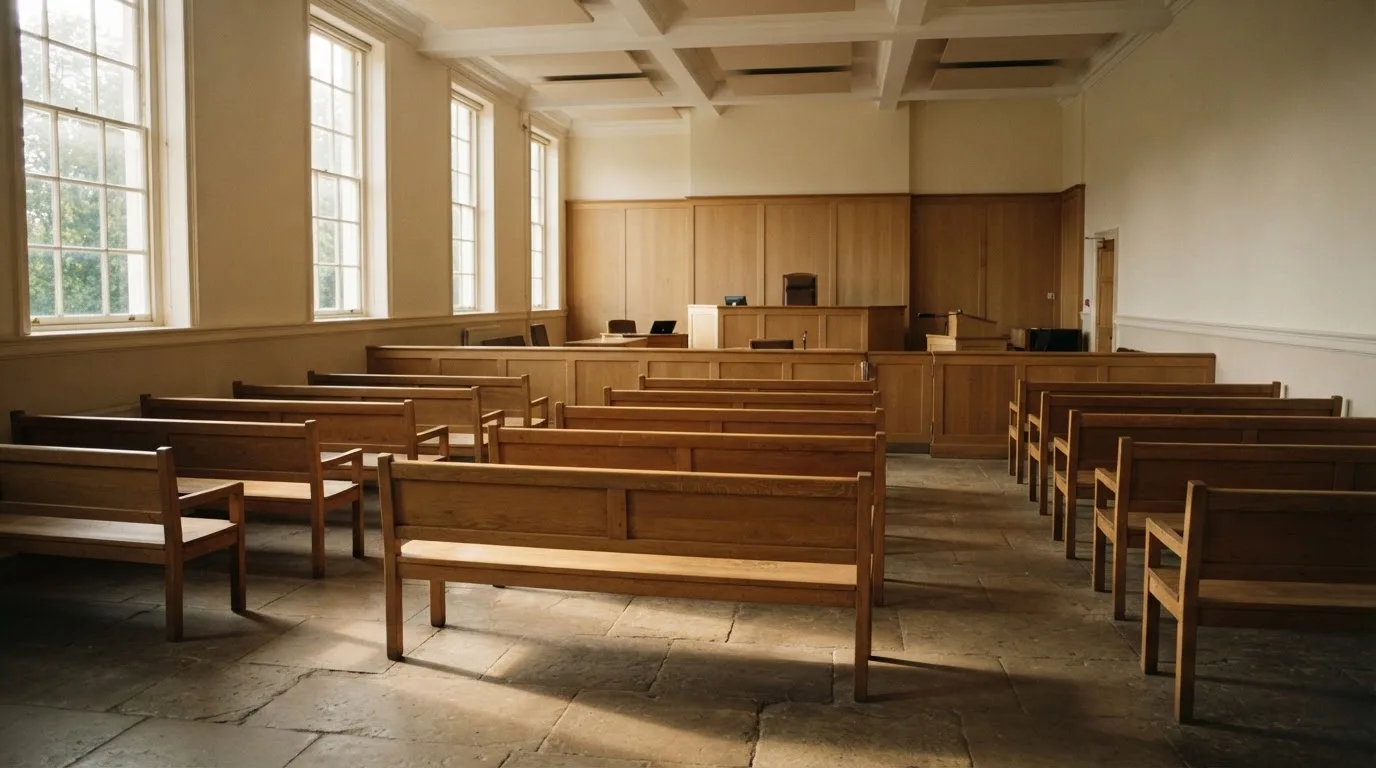 An empty courtroom with wooden benches in morning light
