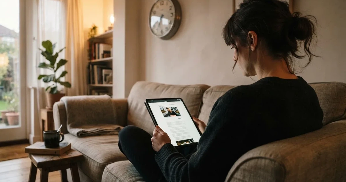 A person on a sofa looking thoughtfully at a tablet, a wall clock in the background