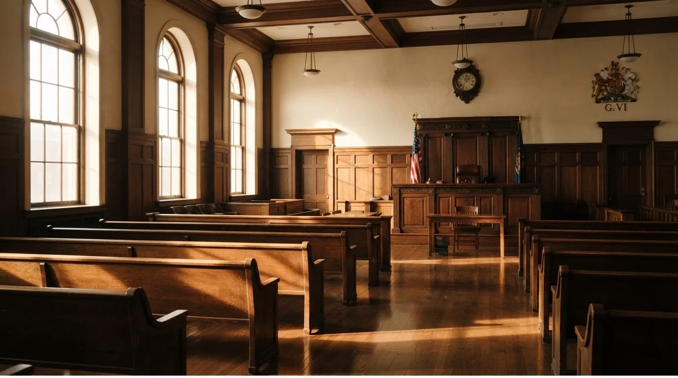 An empty courtroom with wooden benches in morning light