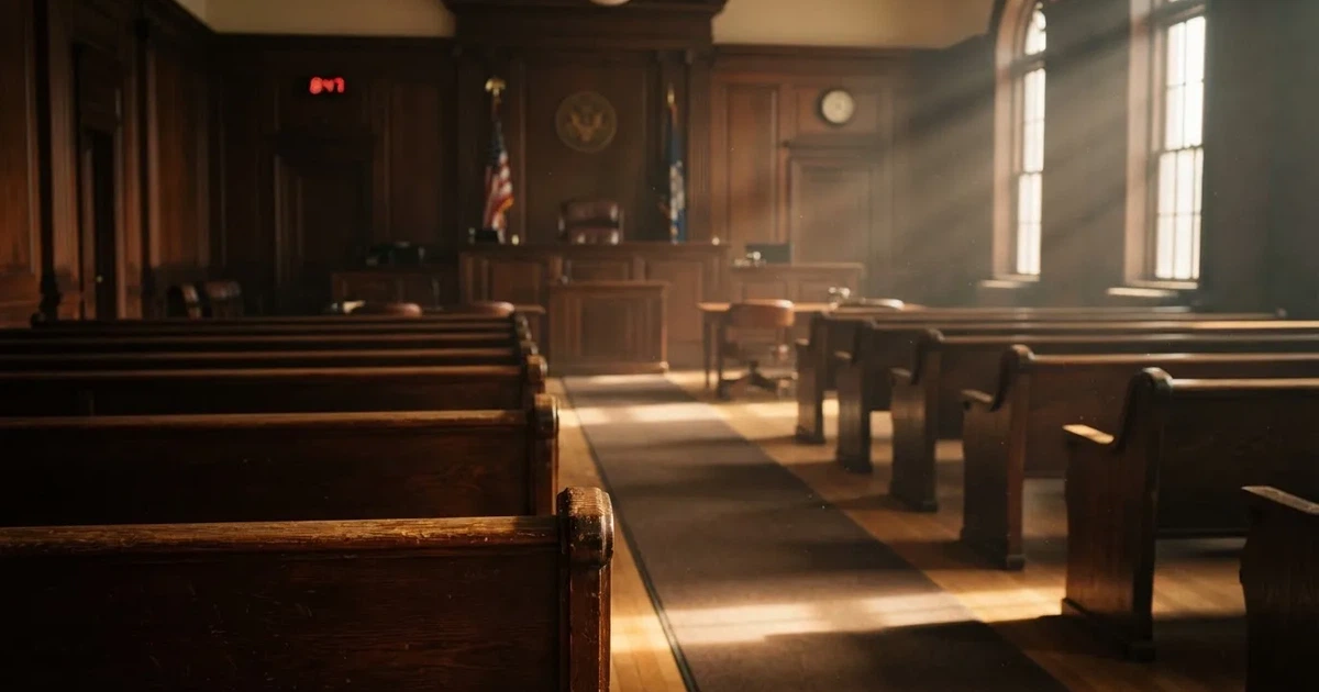 An empty courtroom with wooden benches in morning light