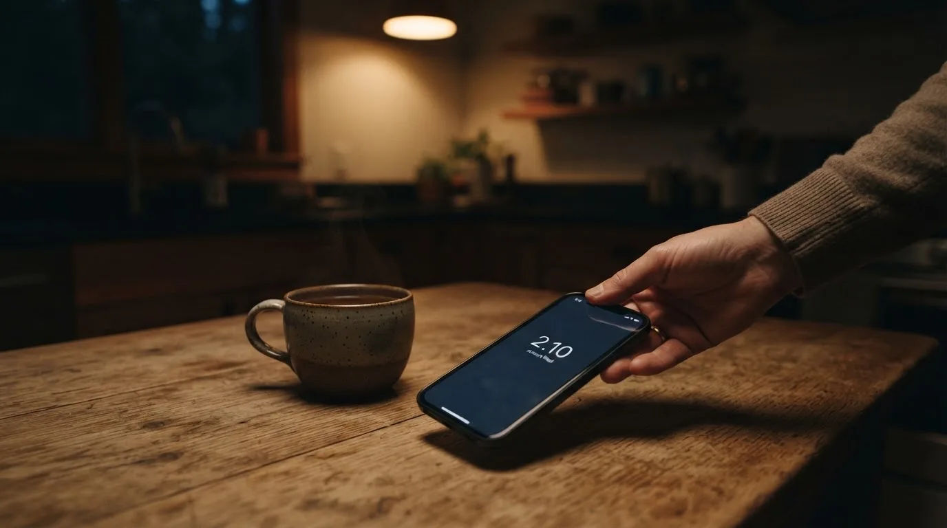 A hand setting a smartphone down beside a cup of tea on a kitchen table on a quiet evening