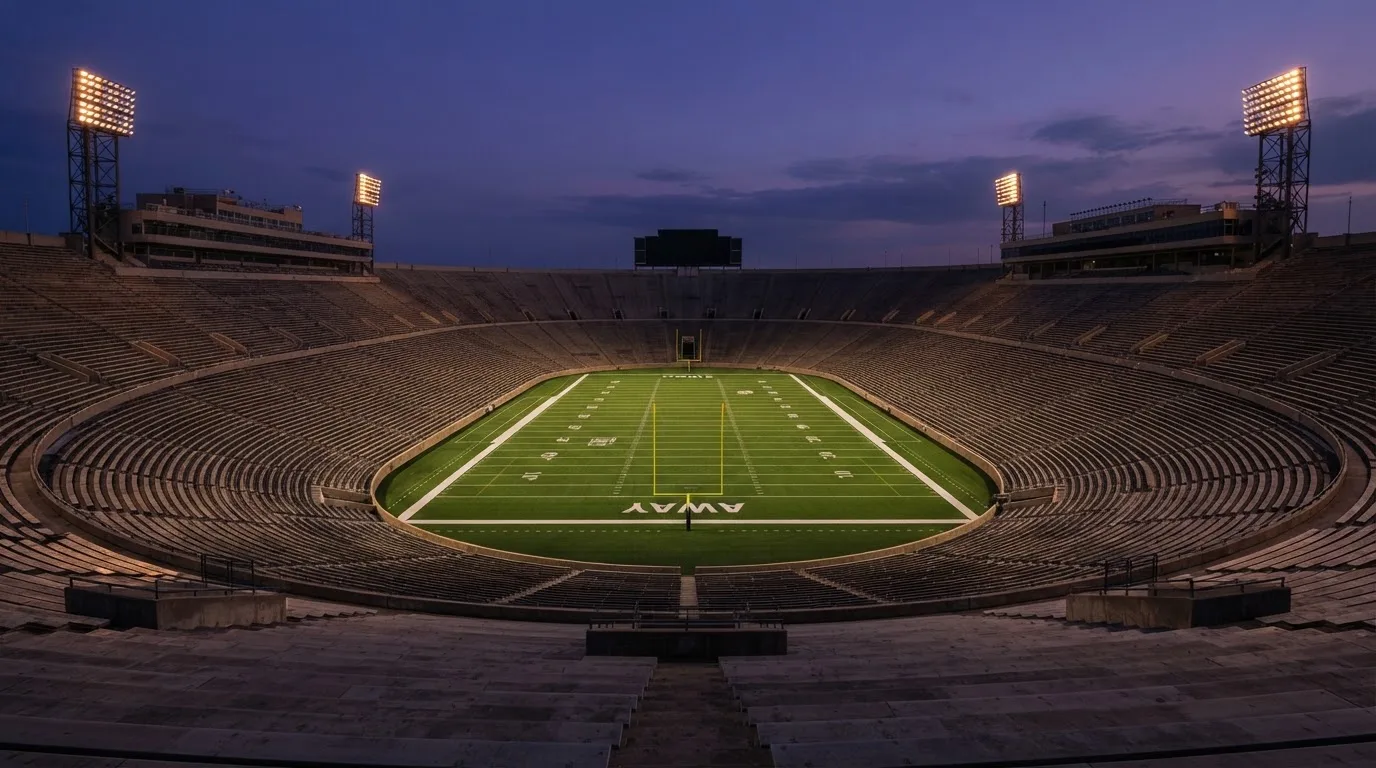 An empty football stadium with floodlight masts at dusk