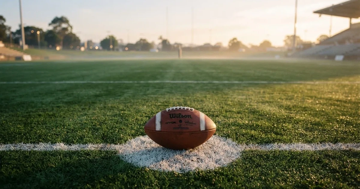 A ball on the centre spot of a grass pitch in morning light